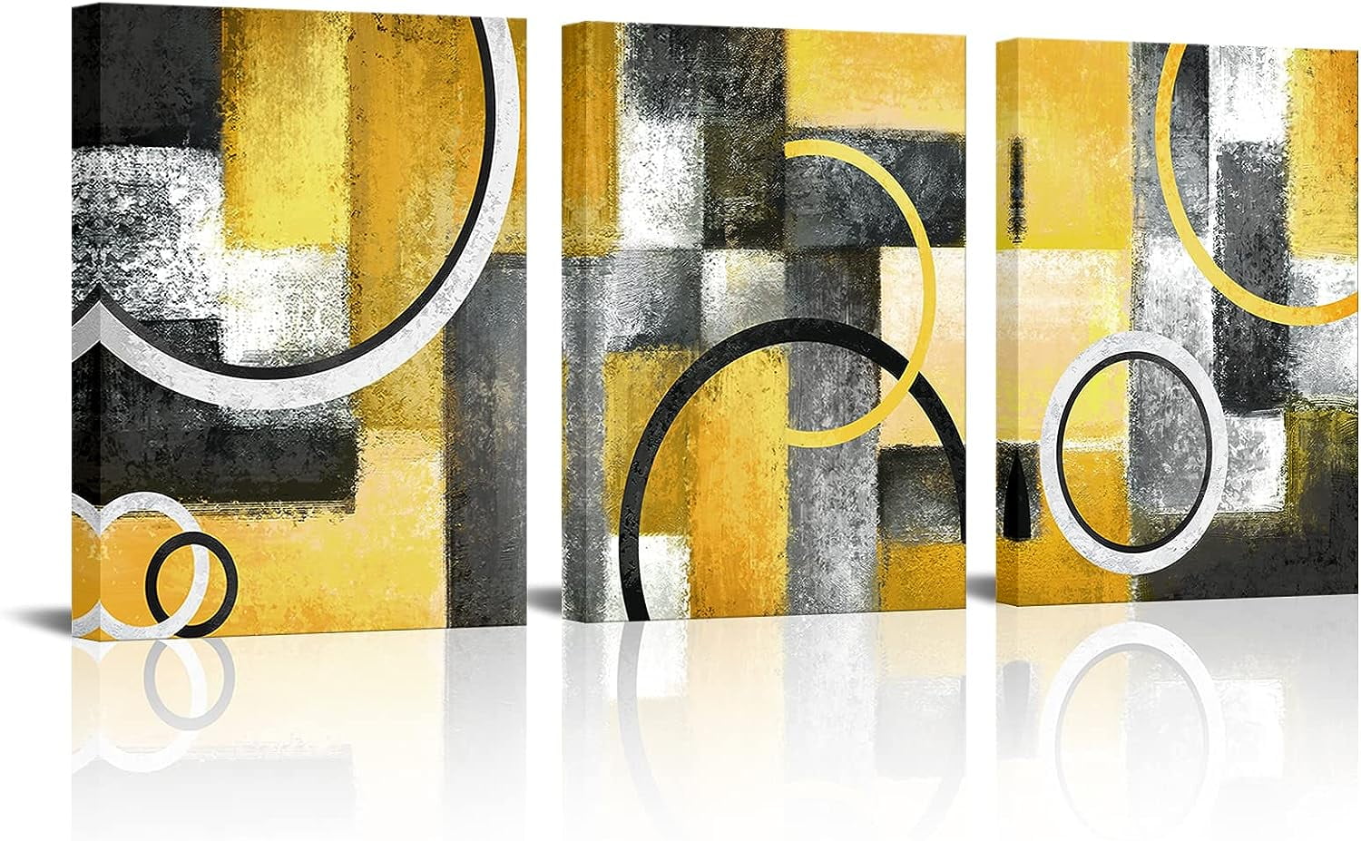 Yellow and Grey Abstract Geometric Circle Canvas Wall Art Set