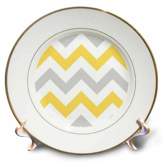 3dRose, Yellow and Grey Chevron zig zag pattern - gray white zigzag stripes, 8 inch Porcelain Plate