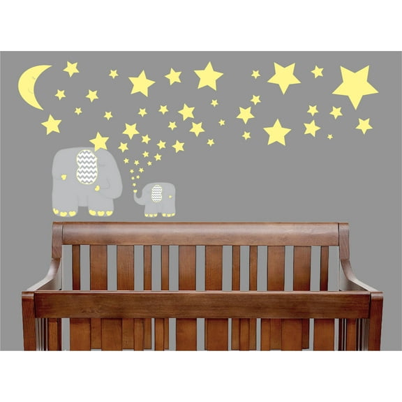 Yellow and Grey Elephant Wall Decals Elephants Nursery Decor Wall Stickers with Stars and Moon Wall Decals
