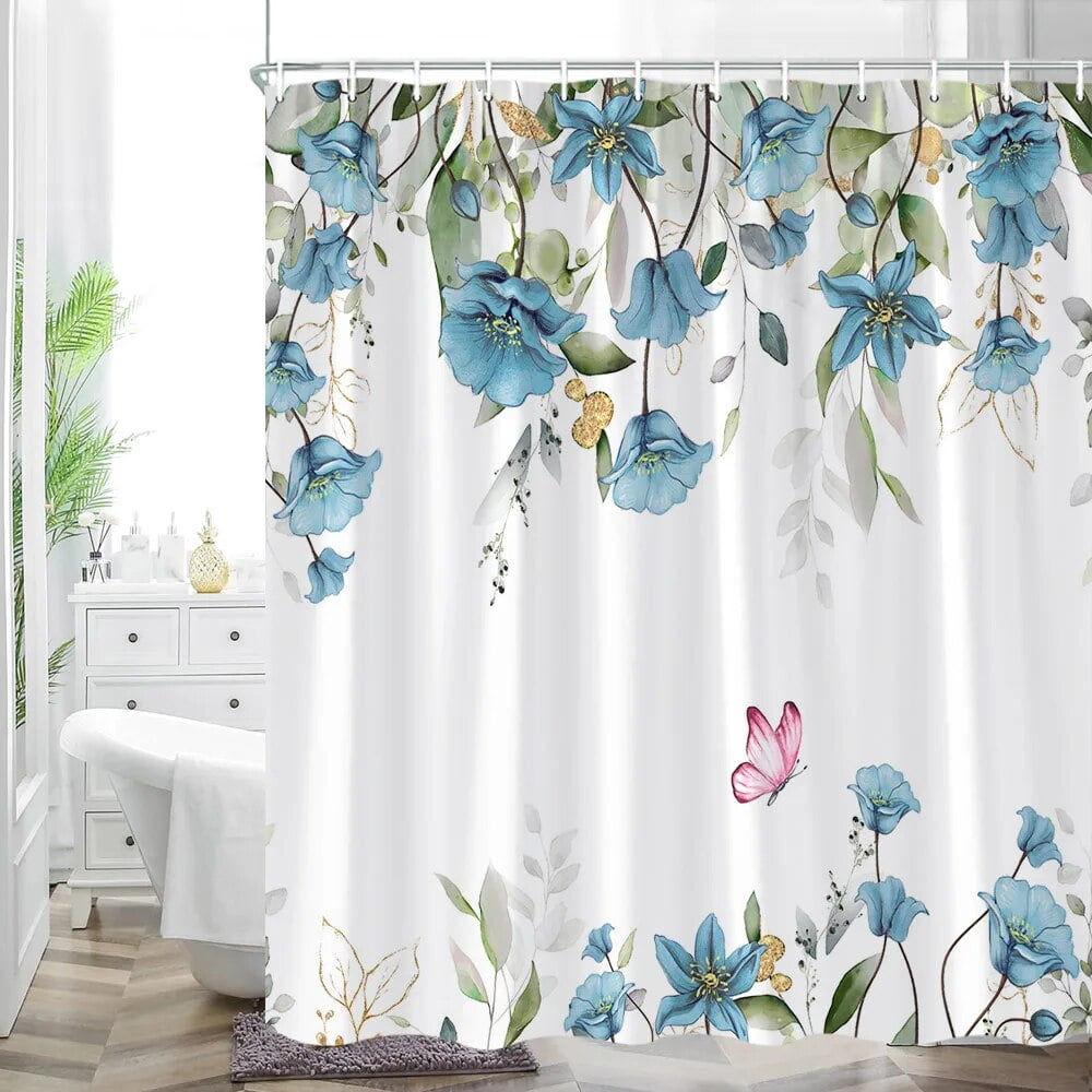 Ansudayan Navy Blue & Pink Floral Shower Curtain - Waterproof Fabric 72x72 Inches With Hooks - View #3