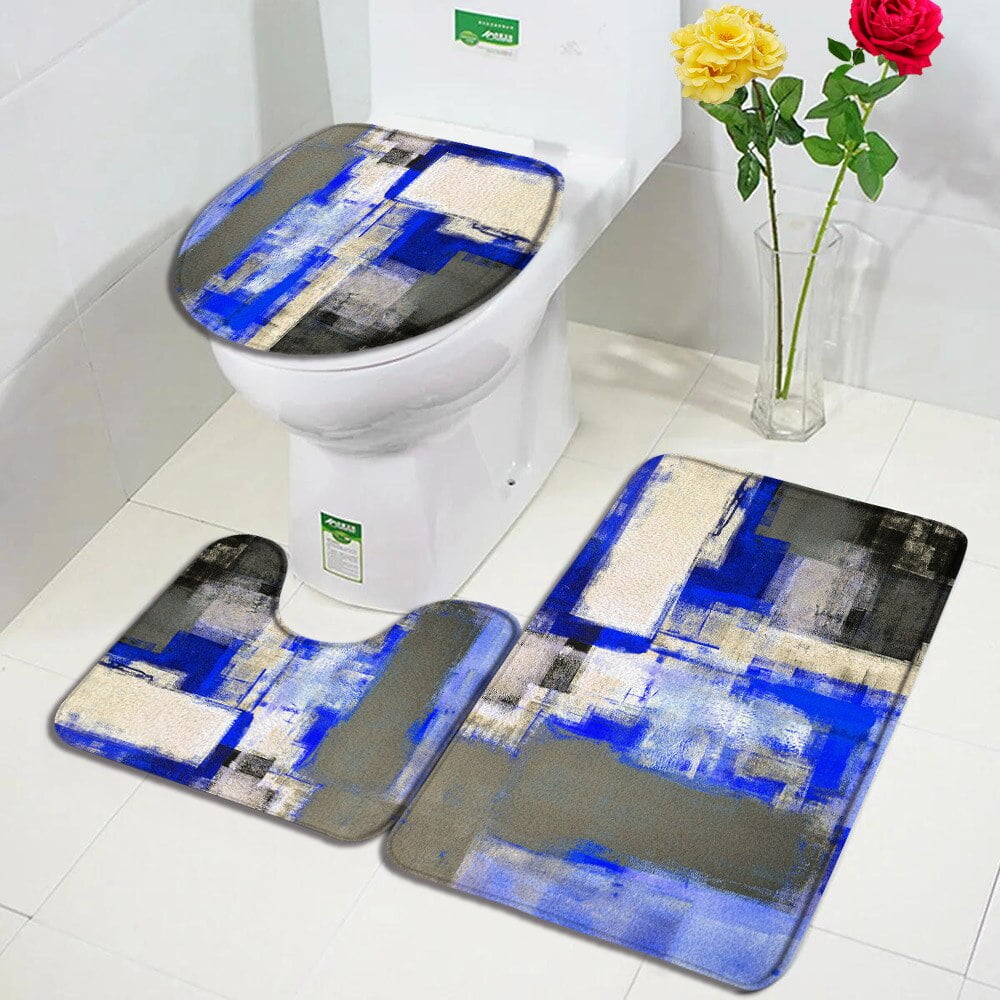 Yellow and Grey Grunge Style Bath Mat Set Ombre Modern Abstract Geometric Home Carpet Bathroom Decor Floor Rug Toilet Seat Cover