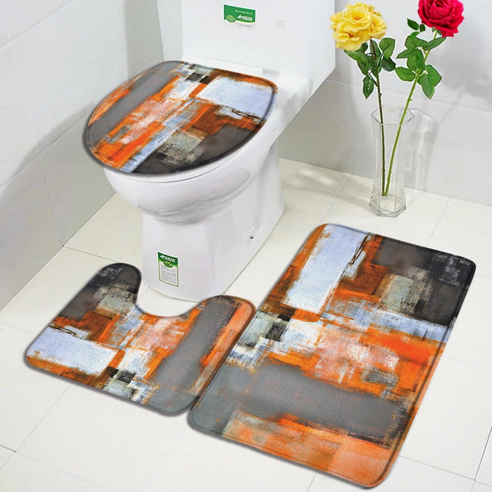 Yellow and Grey Grunge Style Bath Mat Set Ombre Modern Abstract Geometric Home Carpet Bathroom Decor Floor Rug Toilet Seat Cover