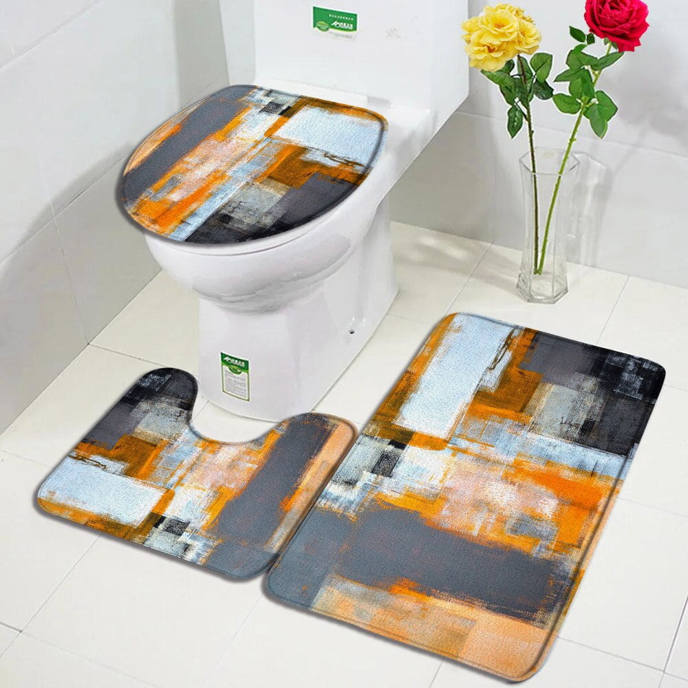 Yellow and Grey Grunge Style Bath Mat Set Ombre Modern Abstract Geometric Home Carpet Bathroom Decor Floor Rug Toilet Seat Cover