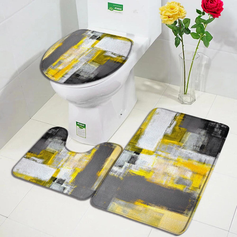 Yellow and Grey Grunge Style Bath Mat Set Ombre Modern Abstract Geometric Home Carpet Bathroom Decor Floor Rug Toilet Seat Cover