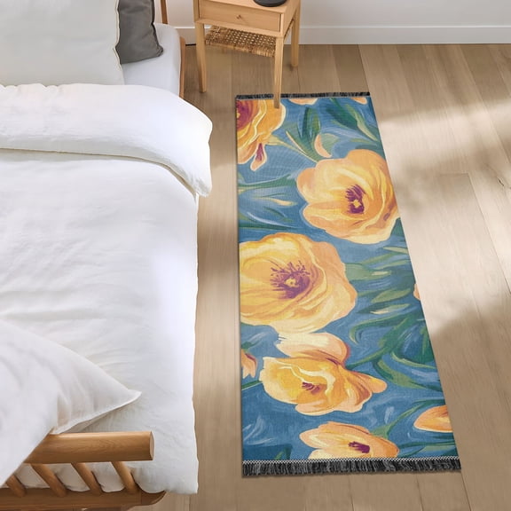 Yellow and Orange Flowers Bedroom Runner Rug 2'x 6' Non Slip Carpet Indoor Home Area Rug Living Room