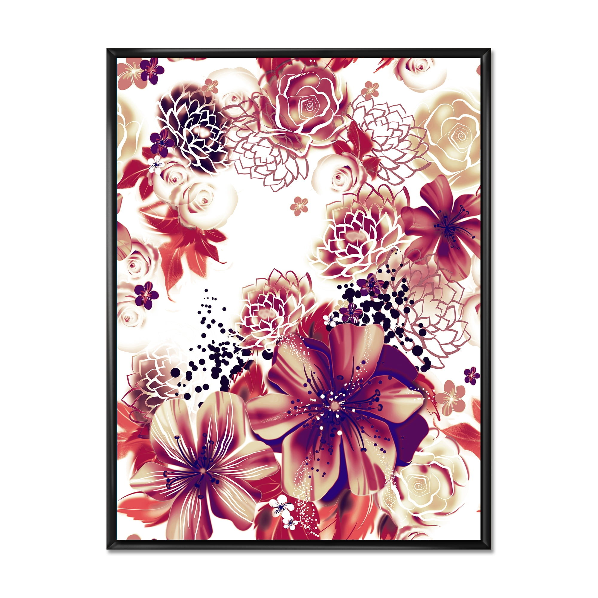 Yellow and Pink Flowers Retro 24 in x 32 in Framed Painting Canvas Art Print, by Designart