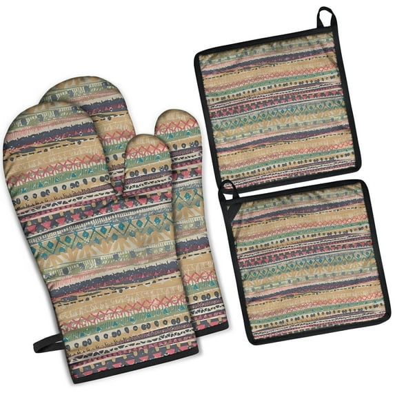 Yellow and Pink Geometric Boho Pattern Kitchen Oven Mitt and Pot Holder Sets 2 Pcs for Baking, Cooking and Grilling, Heat Resistant Up To 392 °F