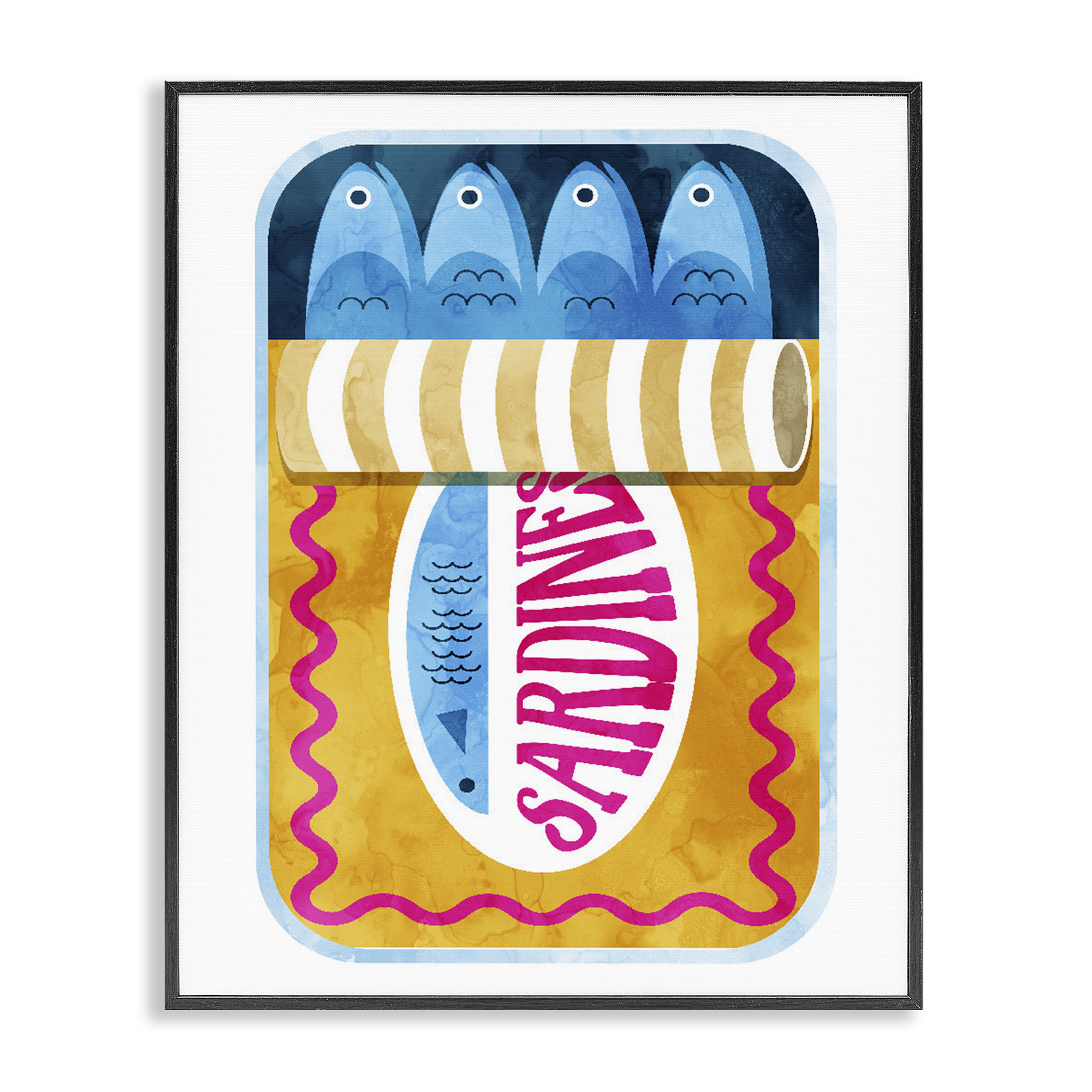 Yellow and Pink Sardine Tin Black Framed Giclee Art, design by Daphne Polselli
