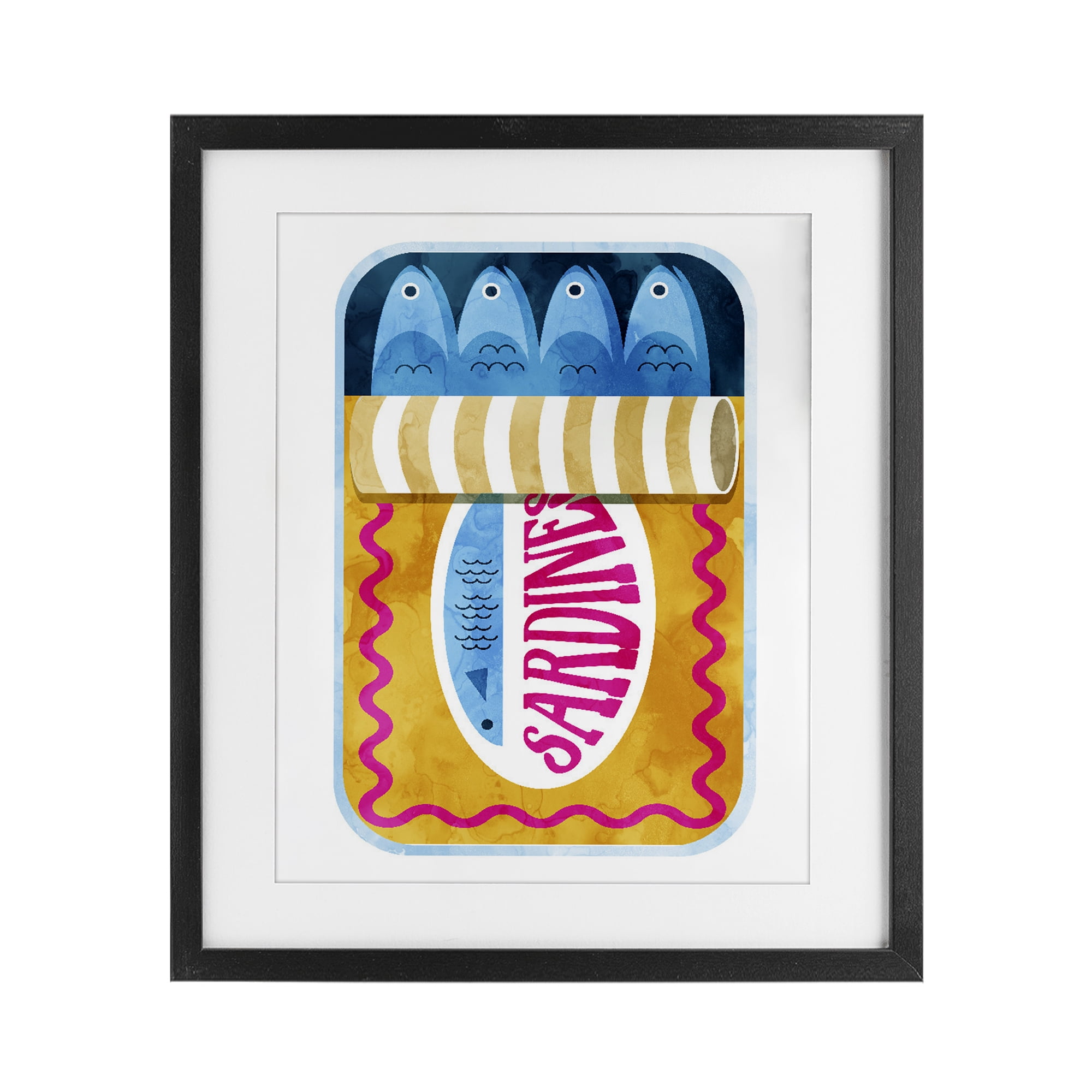 Yellow and Pink Sardine Tin Black Framed Print Under Glass, design by Daphne Polselli