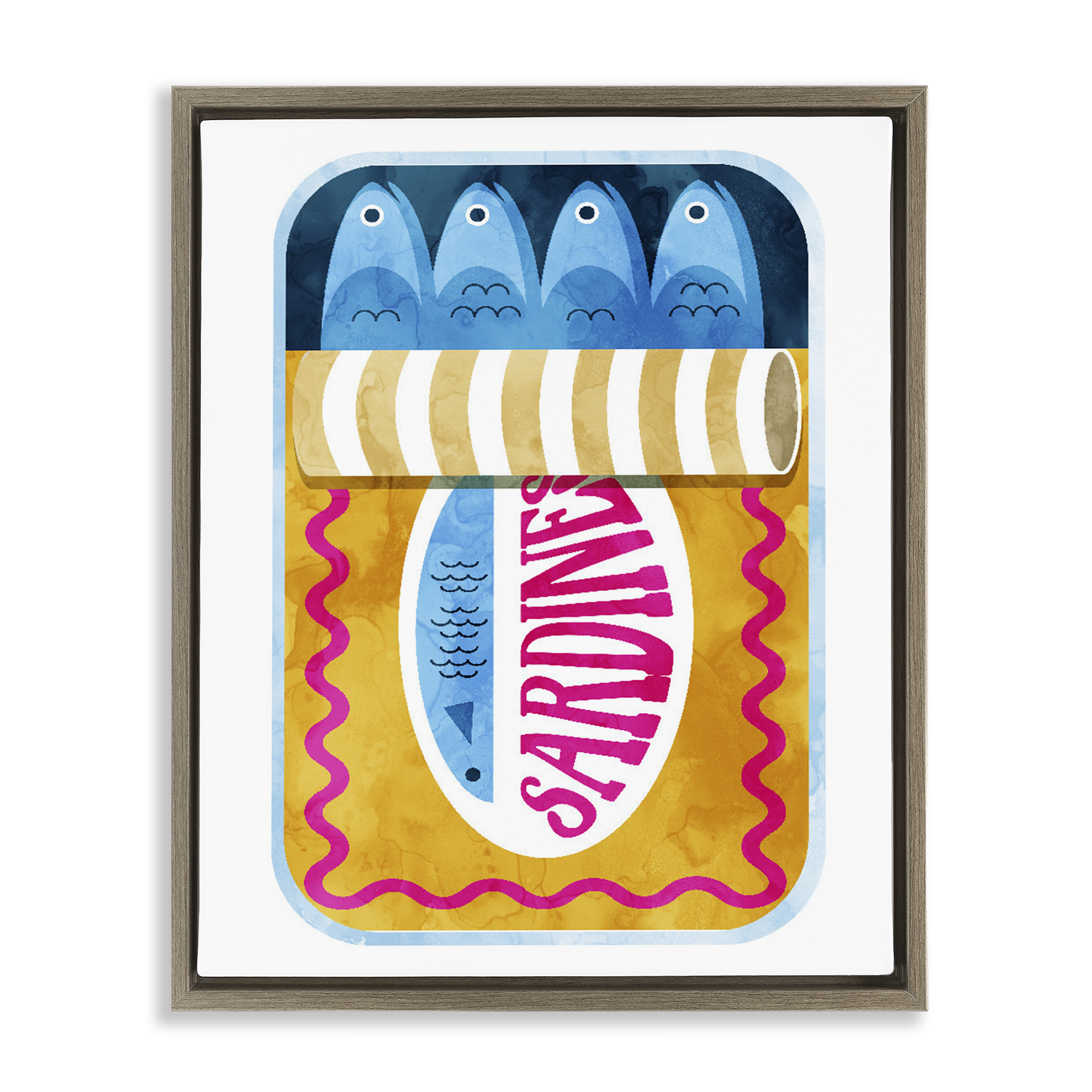Yellow And Pink Sardine Tin Brown Framed Floater Canvas Wall Art yellow-and-pink-sardine-tin-brown-framed-floater-canvas-wall-art