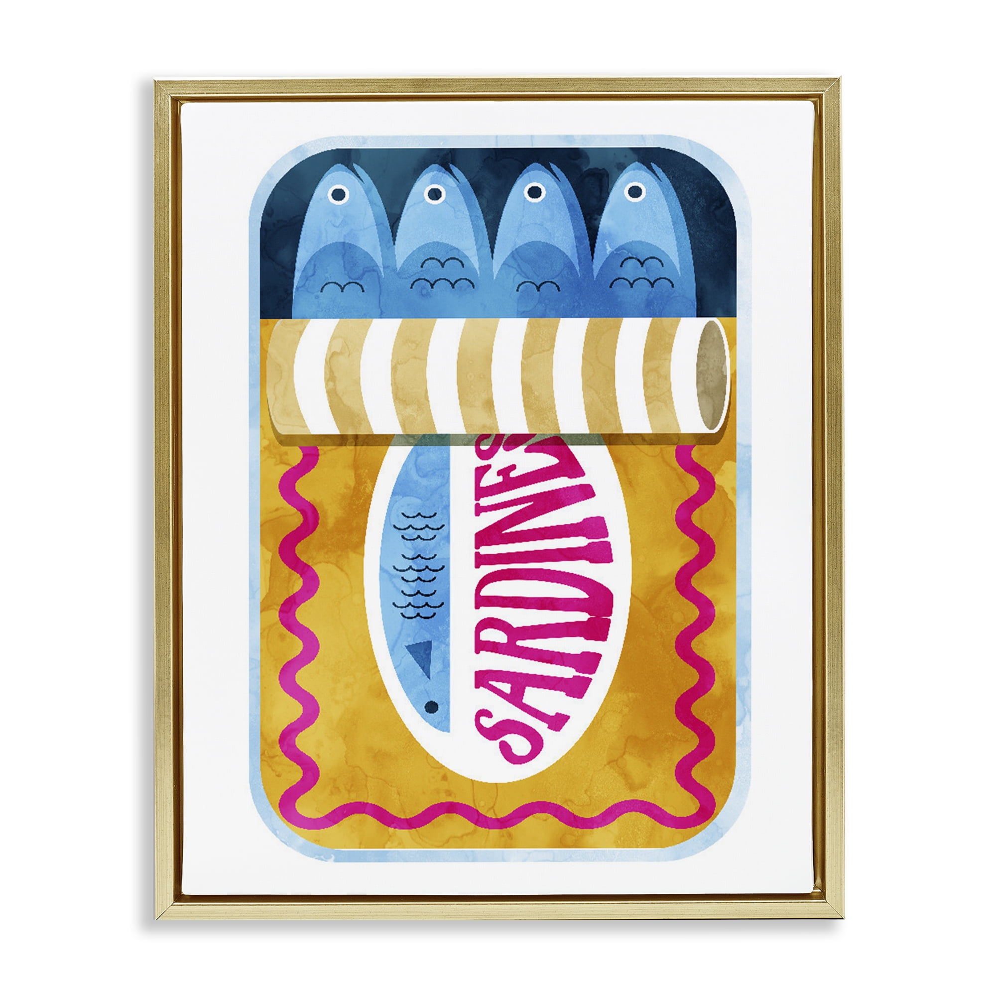 Yellow and Pink Sardine Tin Gold Framed Floater Canvas Wall Art, design by Daphne Polselli