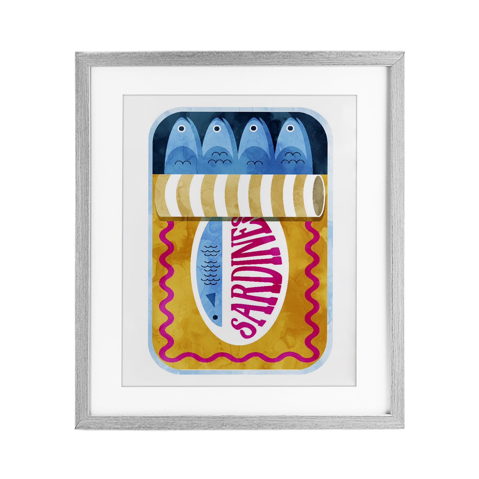 Yellow and Pink Sardine Tin Gray Framed Print Under Glass, design by Daphne Polselli