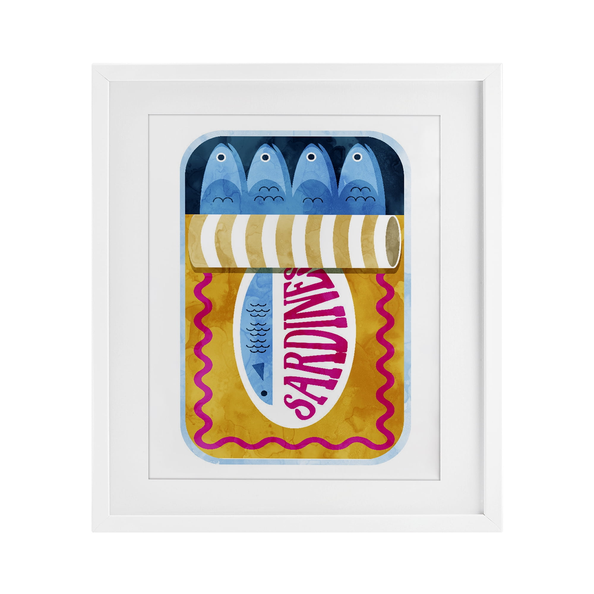 Yellow and Pink Sardine Tin White Framed Print Under Glass, design by Daphne Polselli