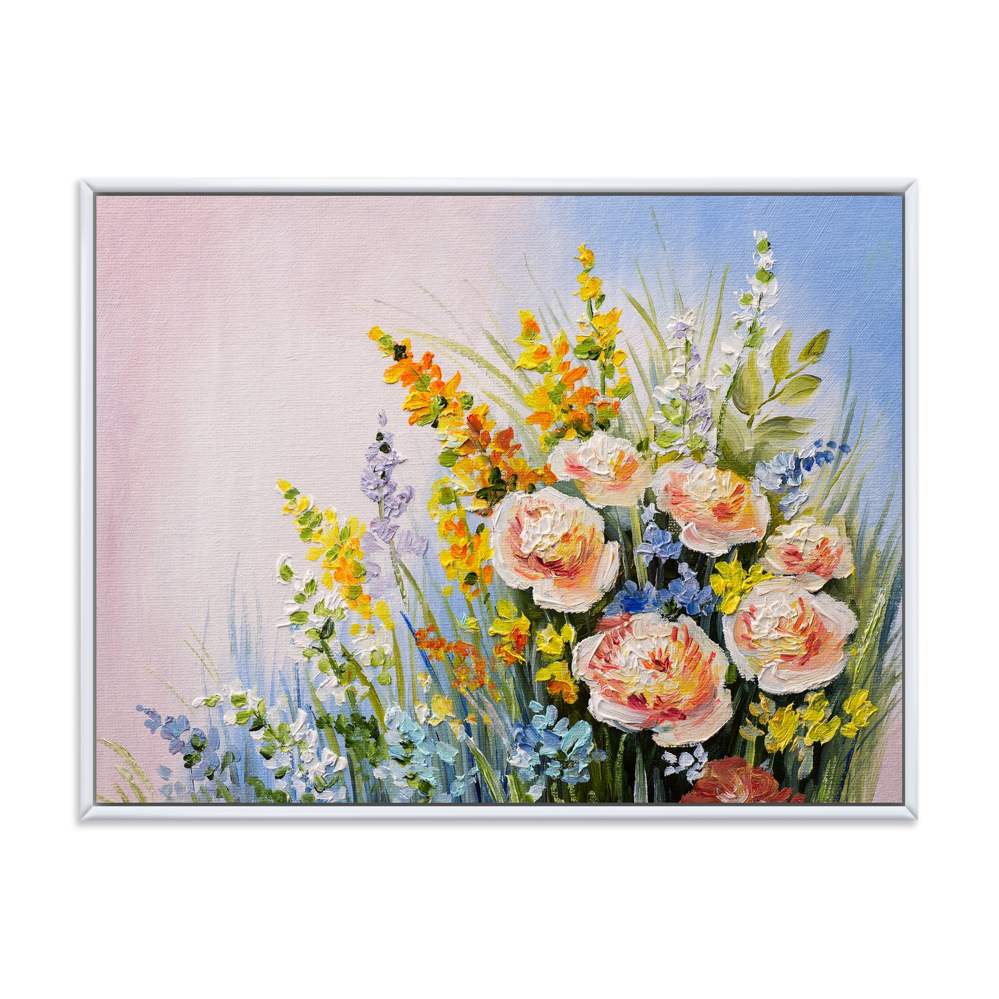 Yellow and Pink Summer Wildflowers 32 in x 16 in Framed Painting Canvas Art Print, by Designart