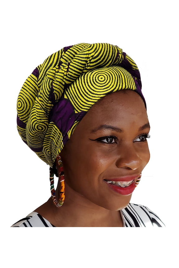 Yellow and Purple African Print Ankara Modu Hat Pre-tied Head wrap
