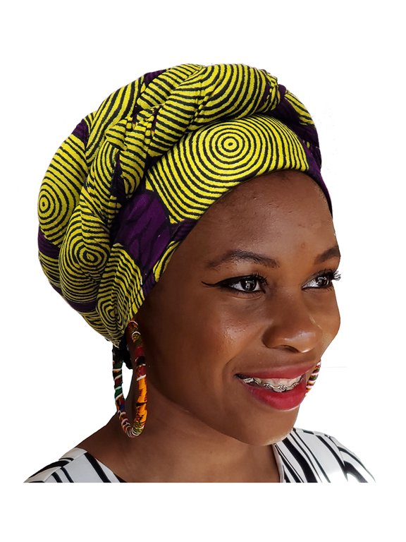 Yellow and Purple African Print Ankara Modu Hat Pre-tied Head wrap