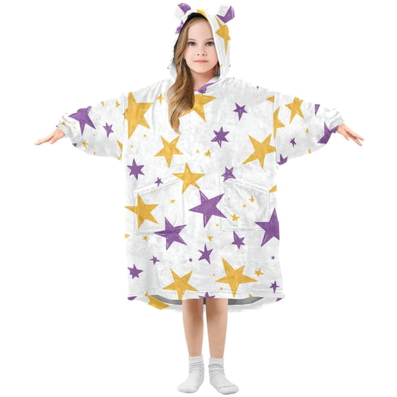 Yellow and Purple Stars Cartoon Flannel Wearable Blankets Hooded Design Long Sleeves Wrap Unisex for 3T-14Y S