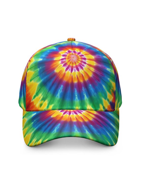 Yellow and Purple Tie Dye Pattern Baseball Cap, Sports Sun Cap with Snap Closure & Sweatband, Rigid Flat Brim Gifts for Sports Outdoor Travel