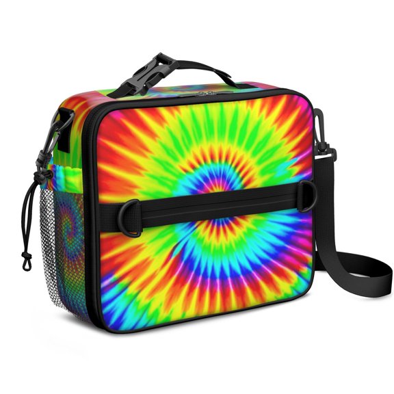 Yellow and Purple Tie Dye Pattern Bento School Insulated Lunch Bag Box with Shoulder Strap and Bottle Holder, 11" X 9.5" X 3.5"