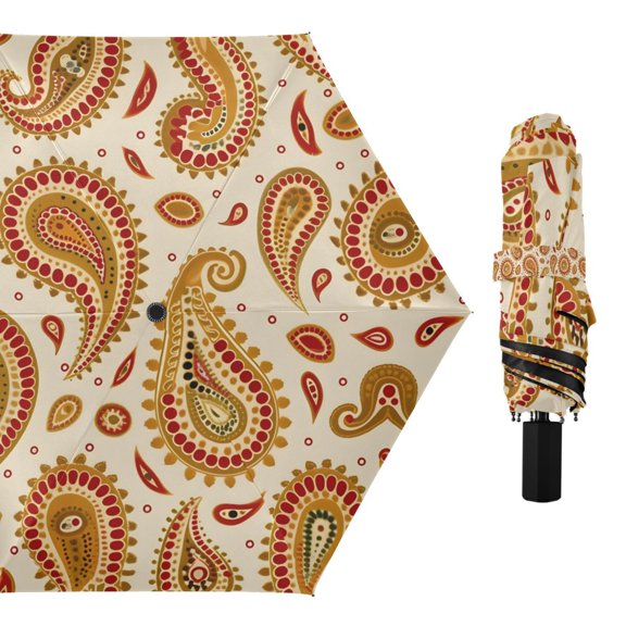Yellow and Red Paisley Compact Sun Umbrella Windproof Travel Umbrellas for Rain Strong Portable UV Protection