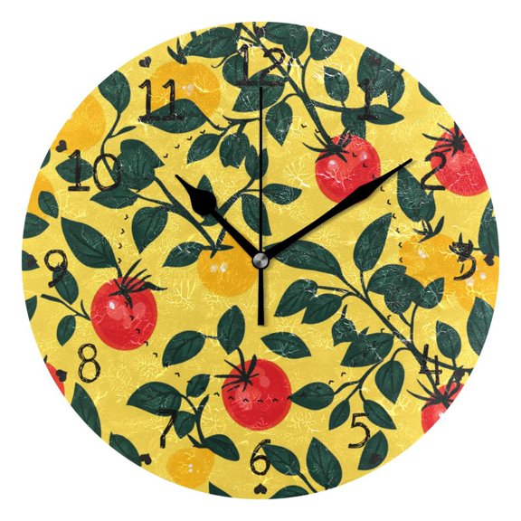 Yellow and Red Tomatoes Leaves Round Wall Clock Silent Analog Battery Operated Black Pointer Home Decor 9.84" Diameter