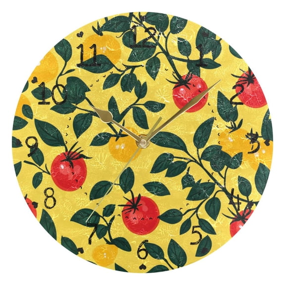 Yellow and Red Tomatoes Leaves Round Wall Clock Silent Analog Battery Operated Gold Pointer Home Decor 9.84" Diameter