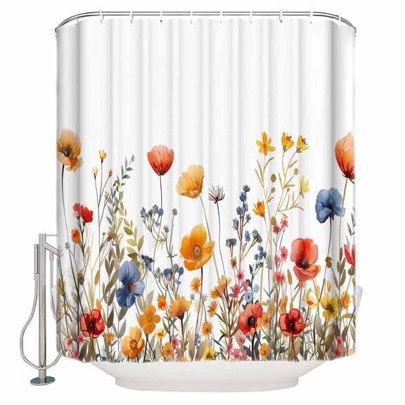 Yellow and Shower Curtain, 72" x 72", Red Poppy Watercolor Floral Plants Waterproof Bathroom Curtain Washable Shower Curtain Set with 12 Hooks