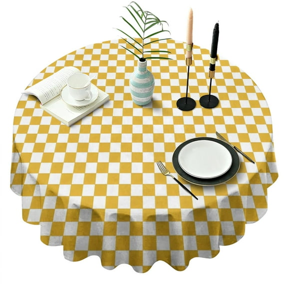 Yellow and White Checkerboard Pattern Round Tablecloth 60"x60",Wrinkle Wipeable Table Cloth for Kitchen Dining Room Picnic Patio Party