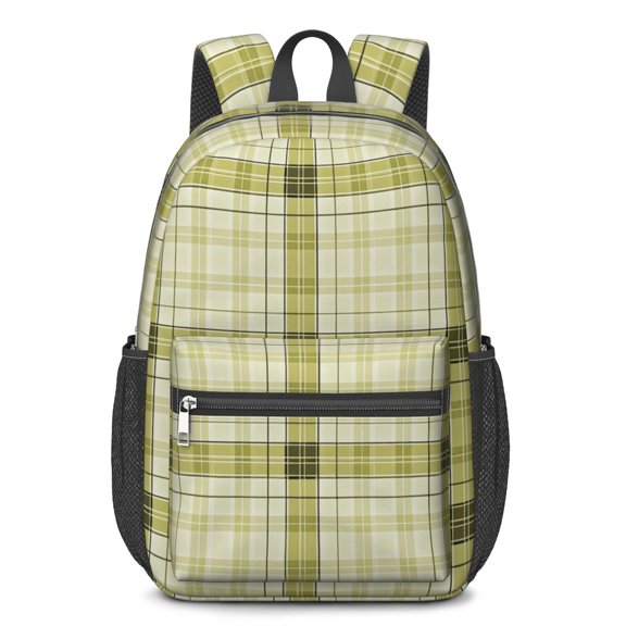 Yellow and White Checkered Pattern 17" School Backpacks for Teens,Waterproof Oxford Fabric,S-Shape Padded Straps for School,Travel,Hiking,Camping