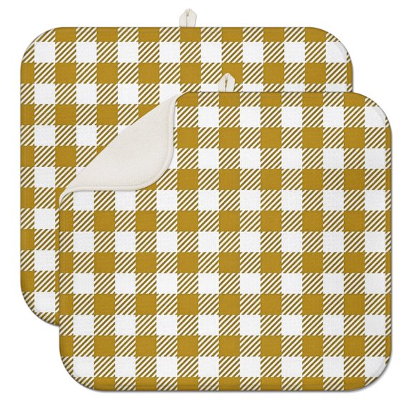 Yellow and White Checkered Pattern 2 Pack Kitchen Dish Drying Mat, Ultra Absorbent Microfiber Dish Drainer Mat, 16"x18"