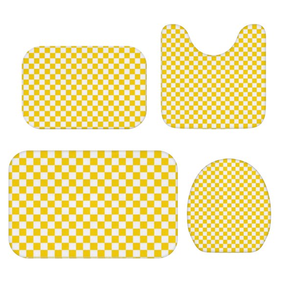 Yellow and White Checkered Pattern Bathroom Rug Set 4 Piece,Includes Contour,Lid Cover,Bath Mat,Non-Slip Extra Soft Absorbent Washable