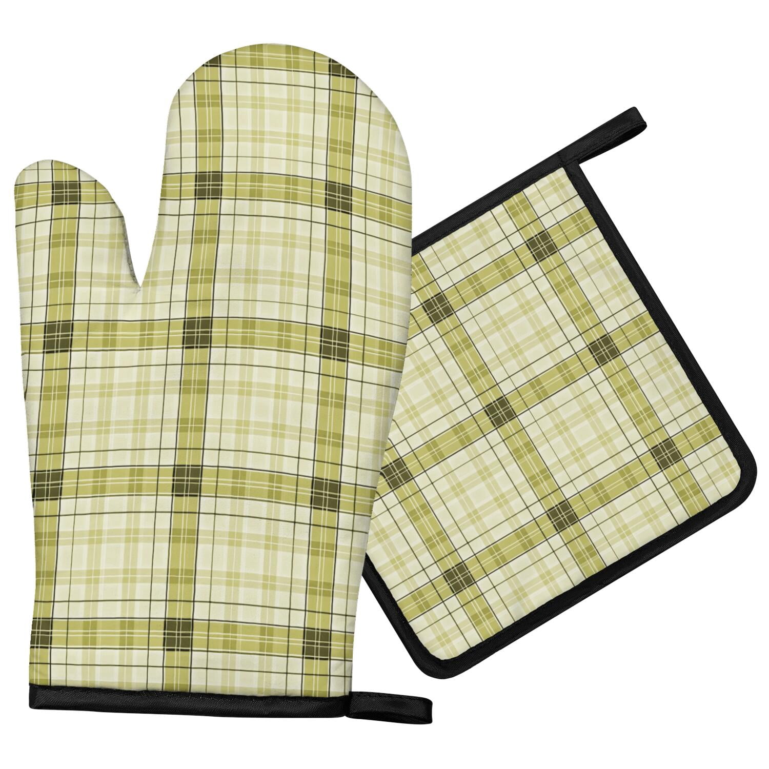 Bbq Banner Examples Yellow and White Checkered Pattern Oven Mitt Pot Holder Set, Polyester ...