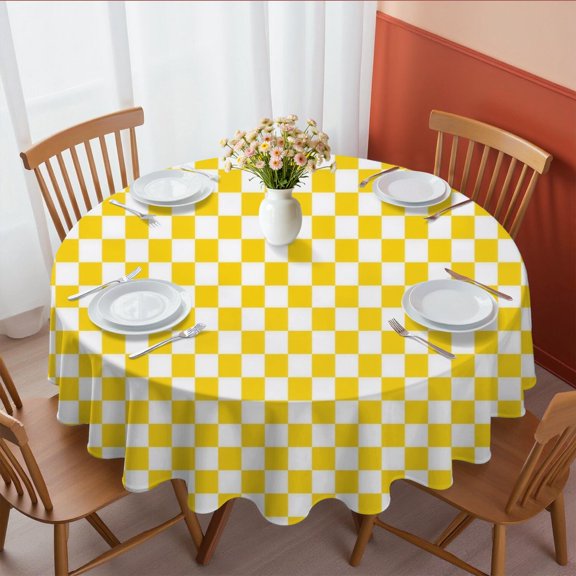 Yellow and White Checkered Pattern Round Tablecloth 60"x60", Wrinkle Resistant Wipeable Table Cover for Kitchen Dining Room Picnic Patio and Party