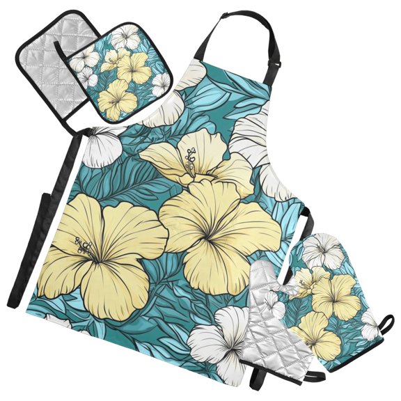 Yellow and White Hibiscus Flowers Oven Mitts and Pot Holders with Chef Apron Set 5 Pcs Kitchen Cooking Set