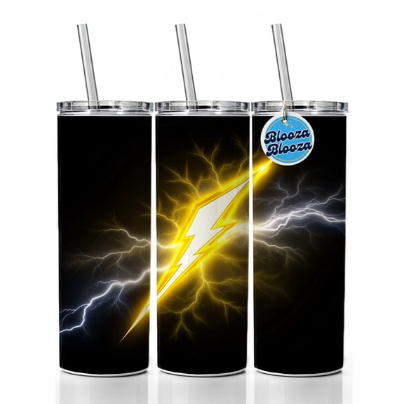 Yellow and White Lightning Bolt On Black 20oz Insulated Water Bottle Skinny Tumbler Includes Straw