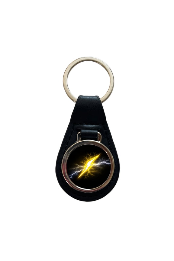 Yellow and White Lightning Bolt On Black Metal Black Leather Keychain