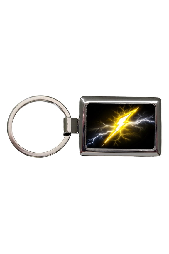 Yellow and White Lightning Bolt On Black Metal Rectangle Keychain