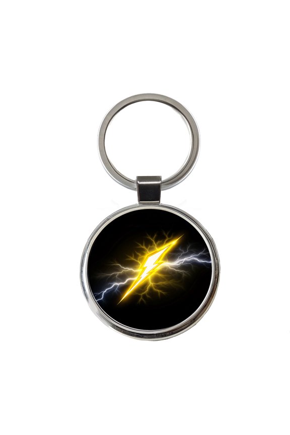 Yellow and White Lightning Bolt On Black Metal Round Keychain