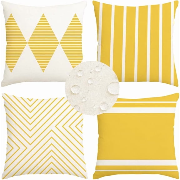 Yellow and White Outdoor Pillows Waterproof,18x18 inch Boho Summer Outdoor Pillow Covers Set of 4 for Patio Furniture Sunbrella