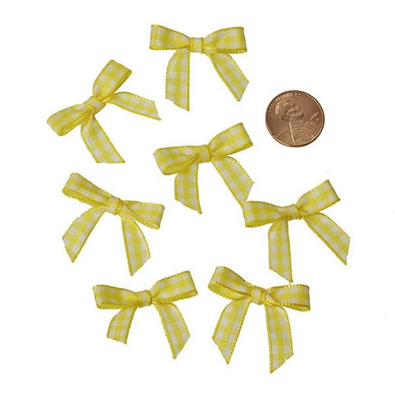 Yellow and White Pre-Tied Tiny Gingham Checkered Bows - 1 3/16in. x 1 1/4in. - 25 Pack