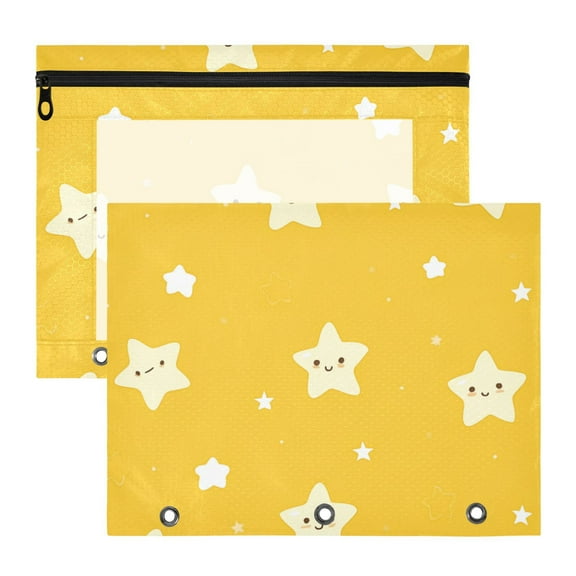 Yellow and White Stars 3-Ring Binder Pouches A4 Size Zipper Pocket File Storage 2 Packs