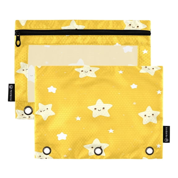 Yellow and White Stars Binder Pouches Zipper Pocket Document Storage 3 Rings 2 Packs A5 Size