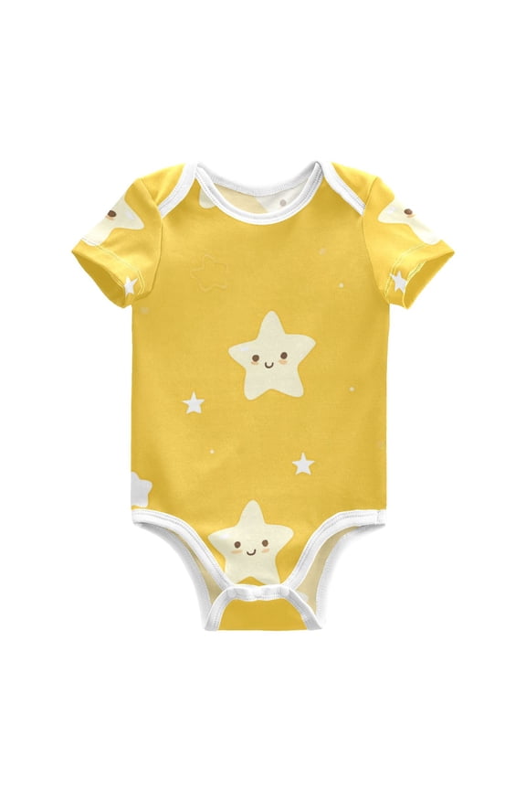 Yellow and White Stars Pure Cotton Bodysuit Short Sleeve Pajamas One-Piece Romper Unisex 9M