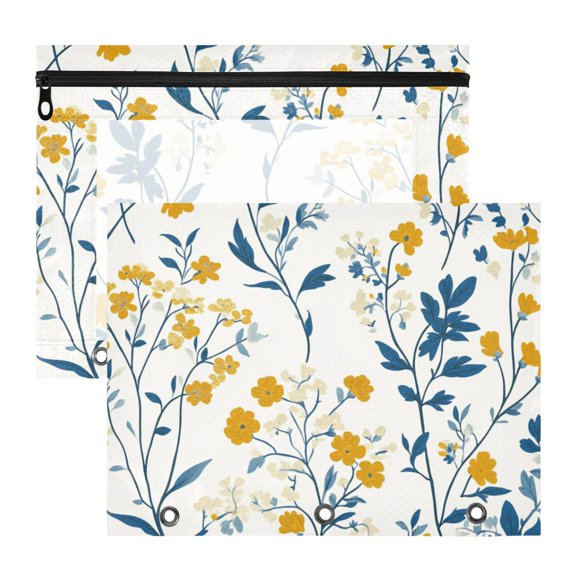Yellow and White Tiny Florals 3-Ring Binder Pouches A4 Size Zipper Pocket File Storage 2 Packs
