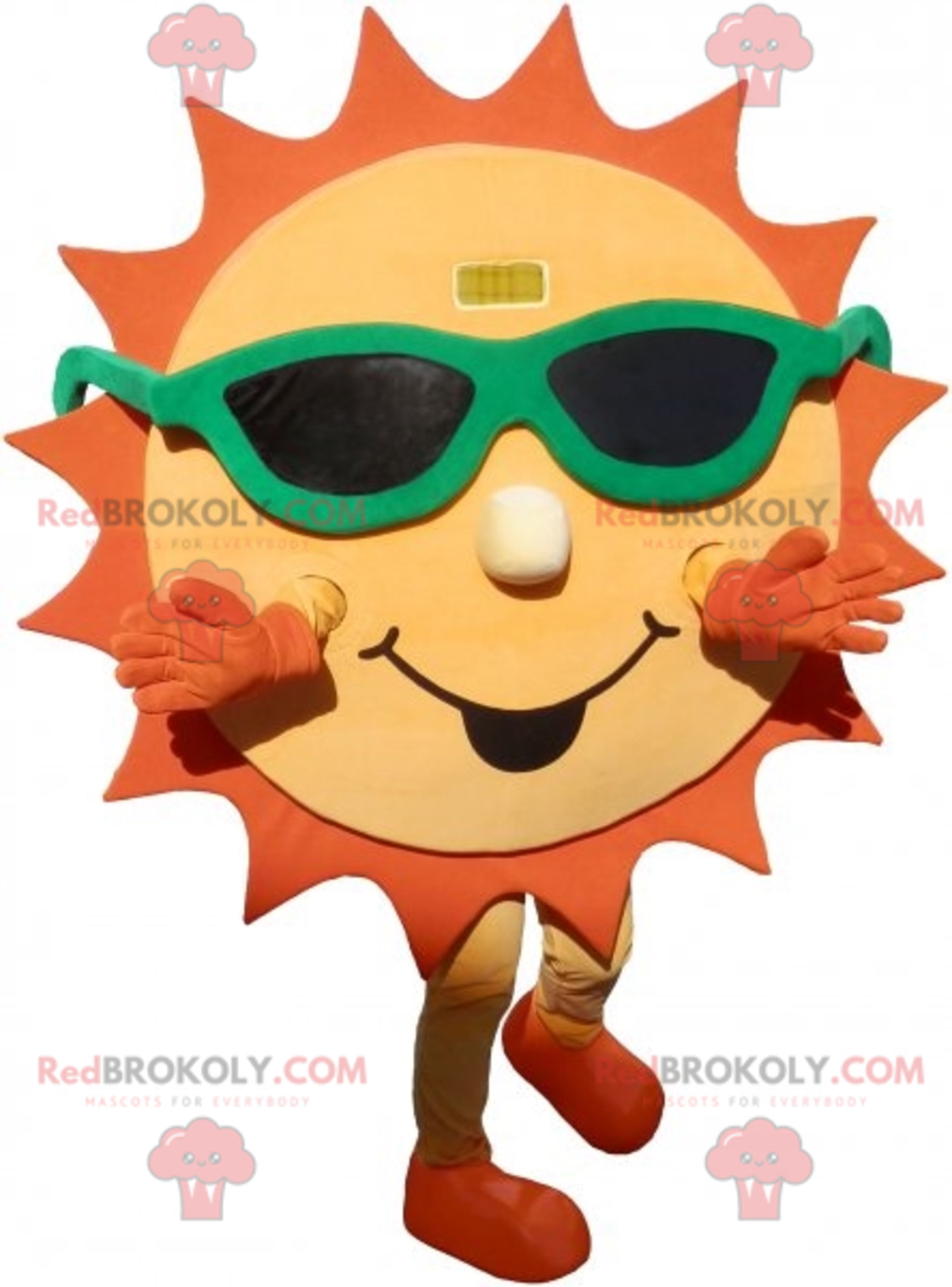 Yellow and Orange Sun Redbrokoly Mascot with Sunglasses, Adult Unisex, Size: One Size