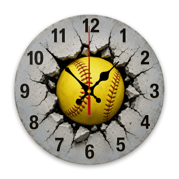 Yellow baseball with gray black numerals Design 10 inch Round Wooden Wall Clock, Silent, Great for Study Room, Bathroom, Balcony, Indoor Decor, Thanksgiving, Independence Day, Wooden Frame Ba
