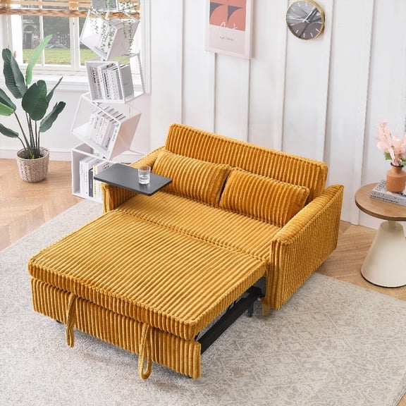Yellow corduroy sofa featuring dual functions, movable tabletops & USB ports at the armrests, perfect for lounging.