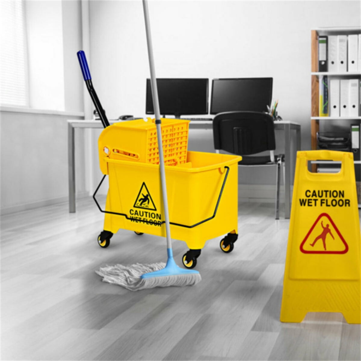 Yellow durable cleaning mop bucket with handle and wheels large