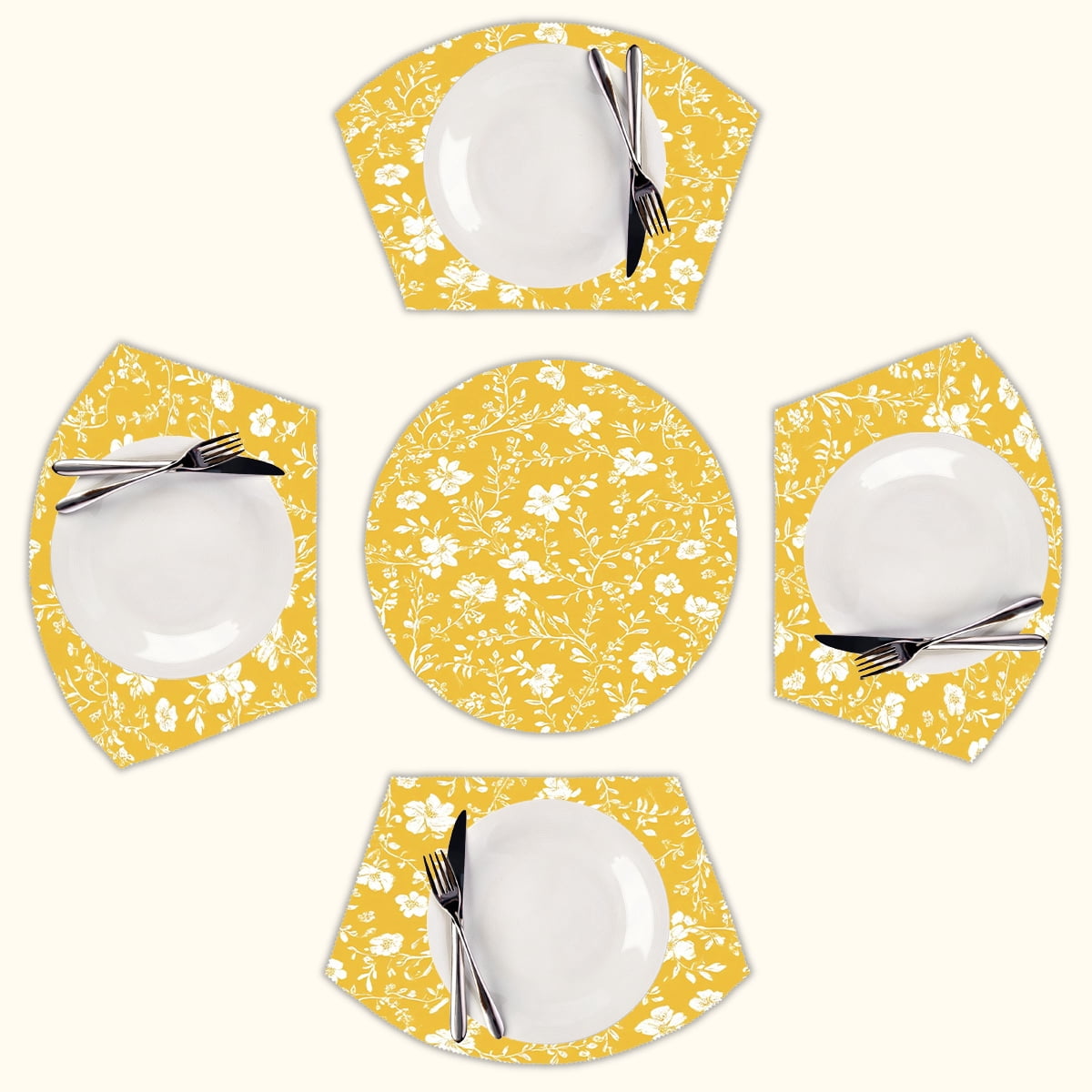 Yellow floral white pattern design Round Table Placemats Set Of 5 Wedge ...
