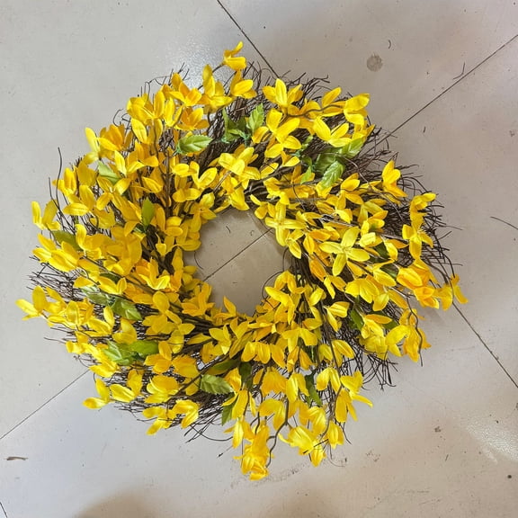 Yellow forsythia Door Wreath, 19.7 Inch Summer Wreaths for Front Door Outside, Hand Made Artificial Forsythia Flower Wreath for Front Door Window Wall Farmhouse Home Gift